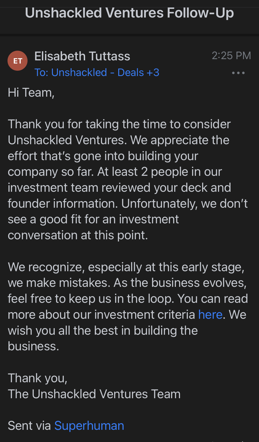 Feedback email from Unshackled VC